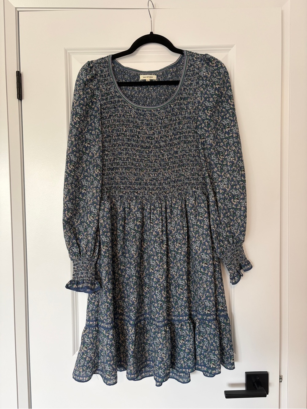 Smocked Floral Long Sleeve Dress - Blue Floral